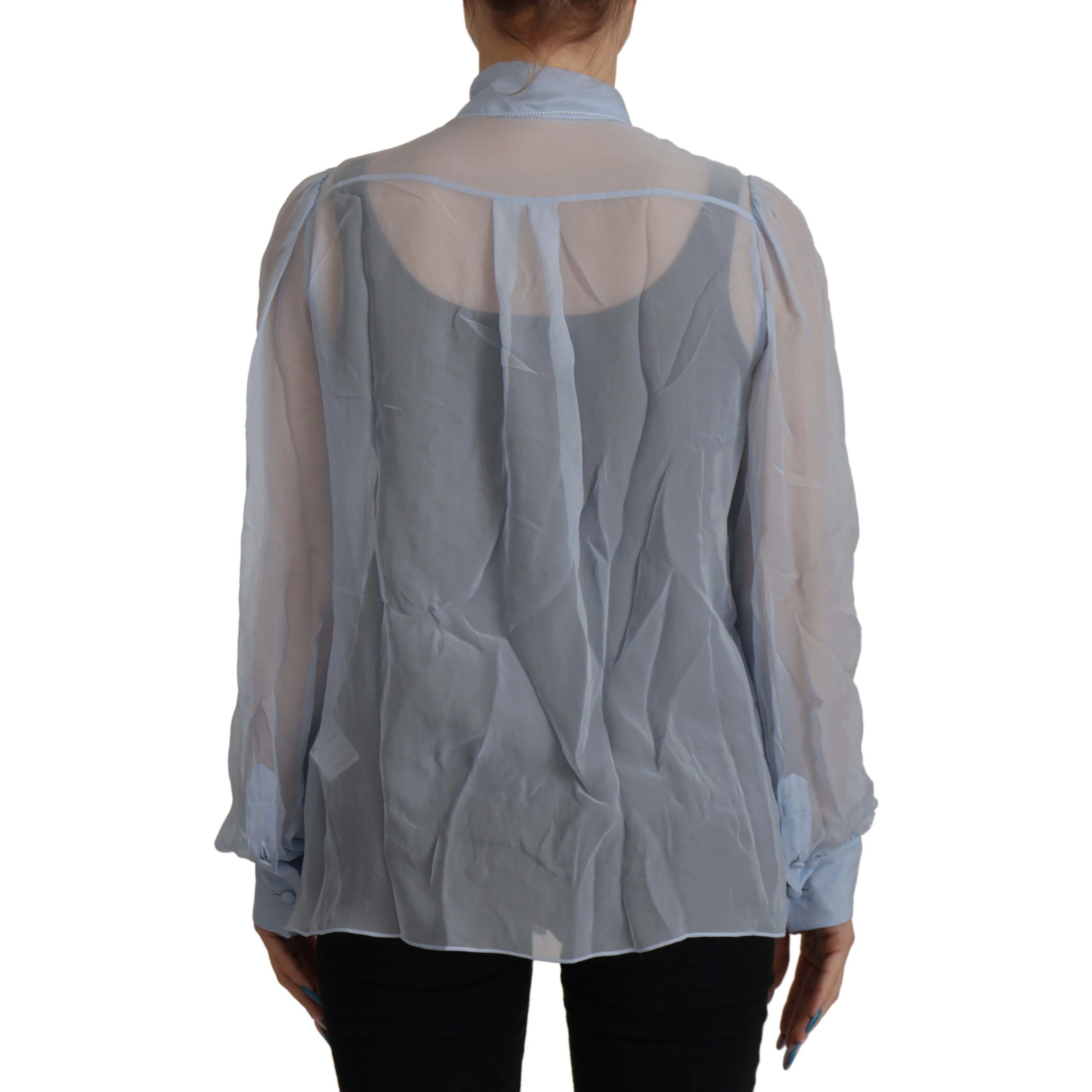 Light Blue Silk Ascot Collar Long Sleeves Top