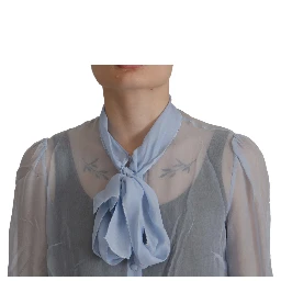 Light Blue Silk Ascot Collar Long Sleeves Top