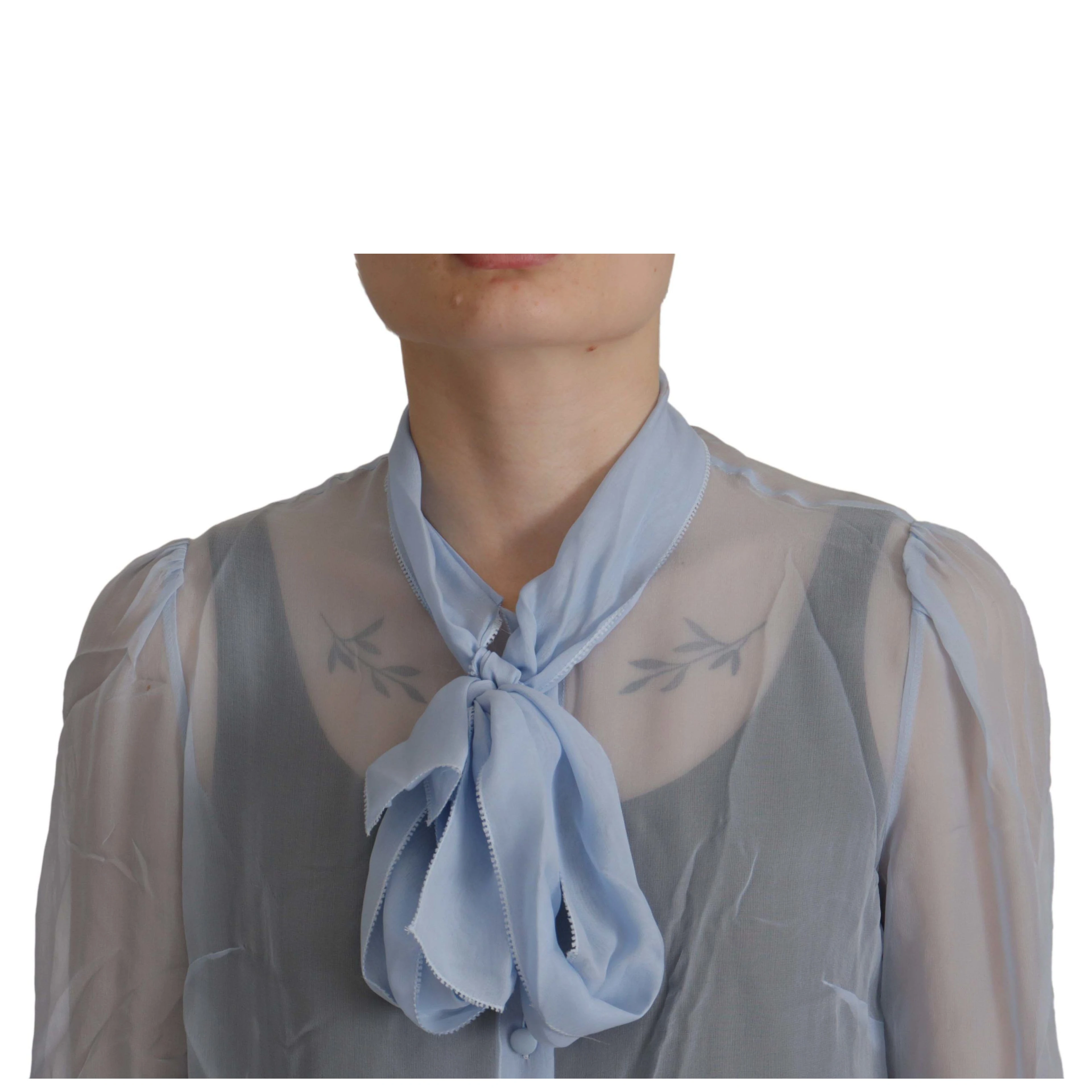 Light Blue Silk Ascot Collar Long Sleeves Top