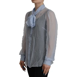 Light Blue Silk Ascot Collar Long Sleeves Top