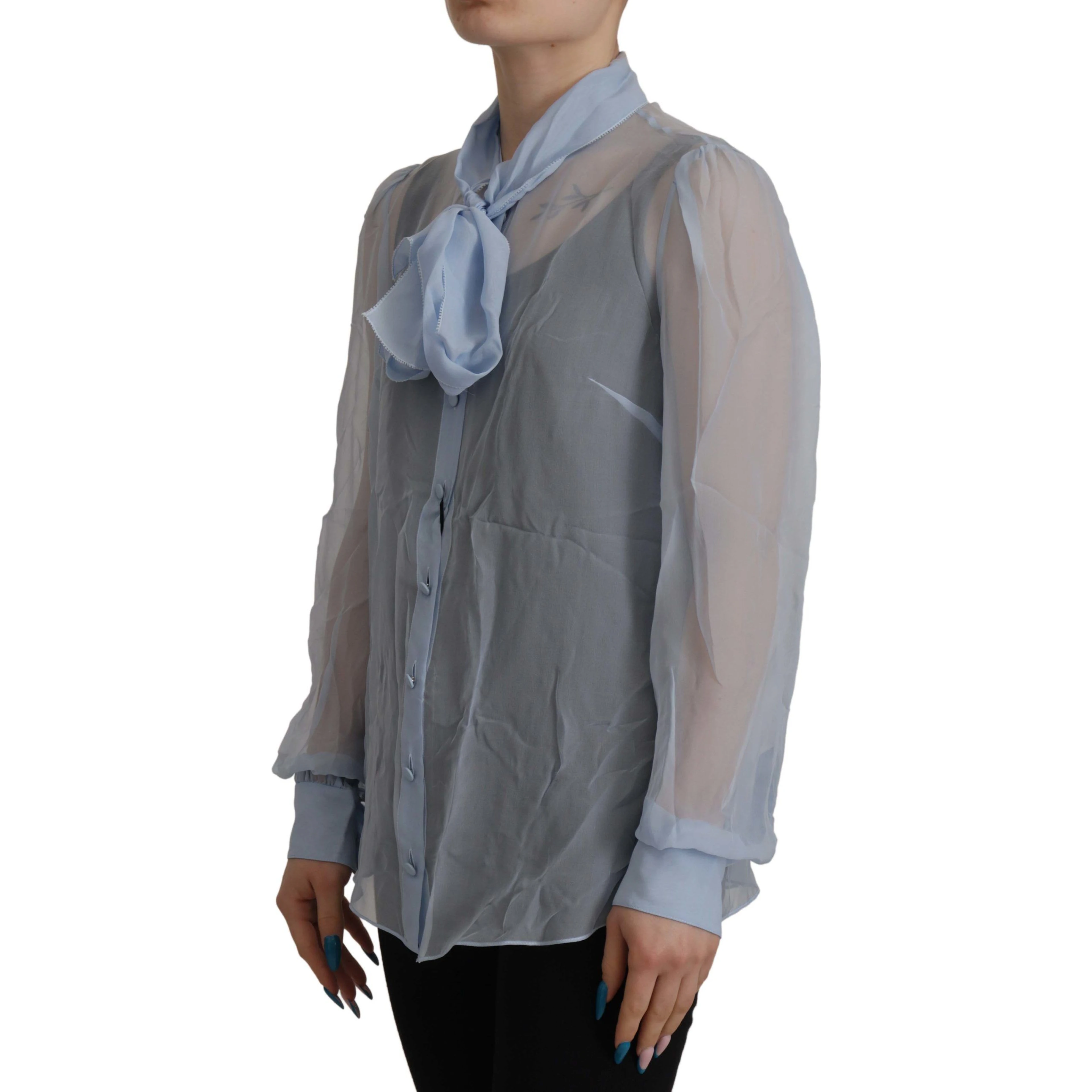Light Blue Silk Ascot Collar Long Sleeves Top