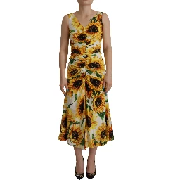 White Sunflower Print Sheath Midi Silk