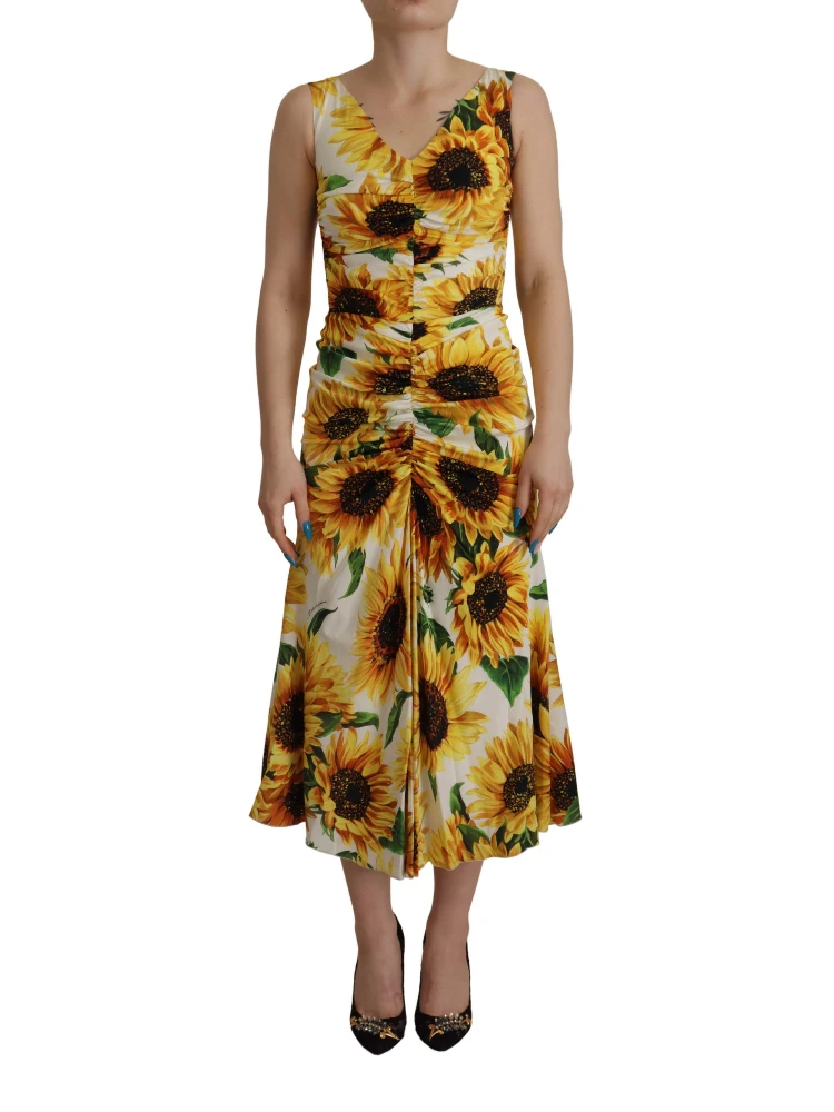 White Sunflower Print Sheath Midi Silk