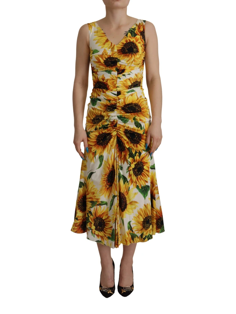 White Sunflower Print Sheath Midi Silk