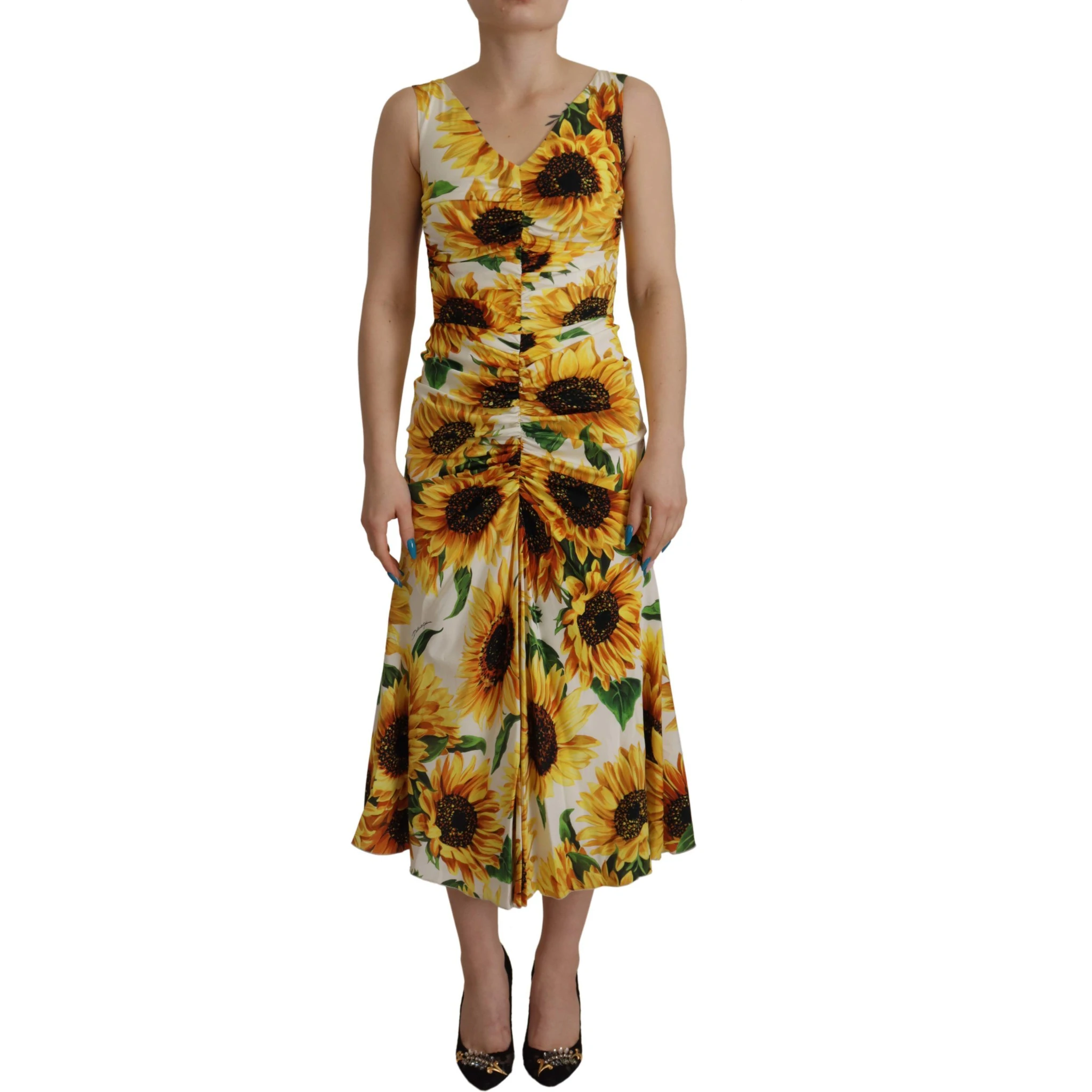 White Sunflower Print Sheath Midi Silk