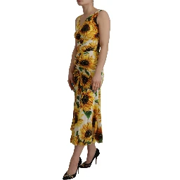 White Sunflower Print Sheath Midi Silk