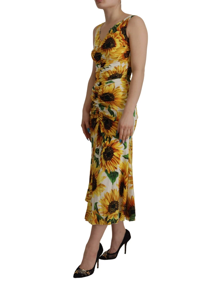 White Sunflower Print Sheath Midi Silk alternative