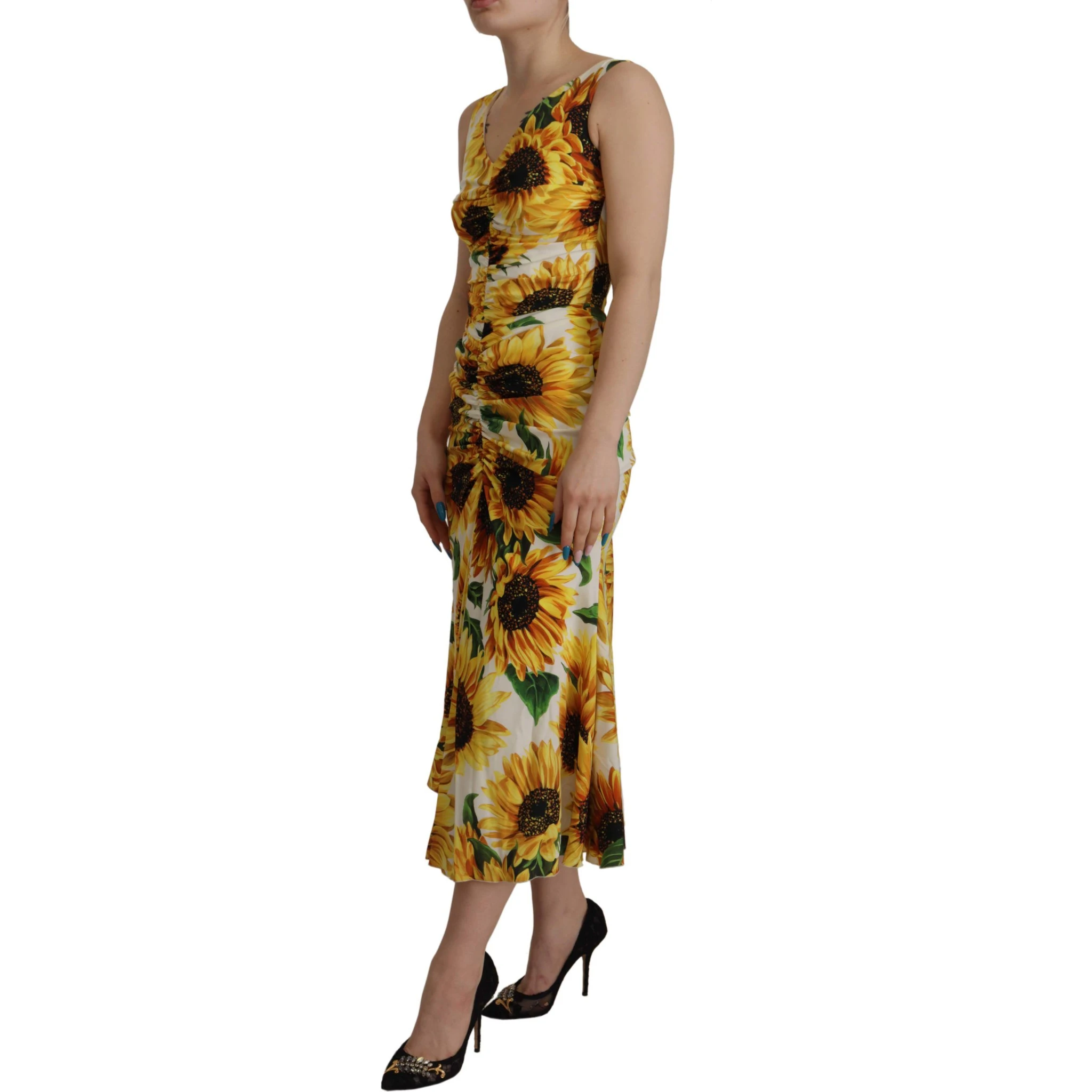 White Sunflower Print Sheath Midi Silk