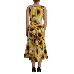 White Sunflower Print Sheath Midi Silk