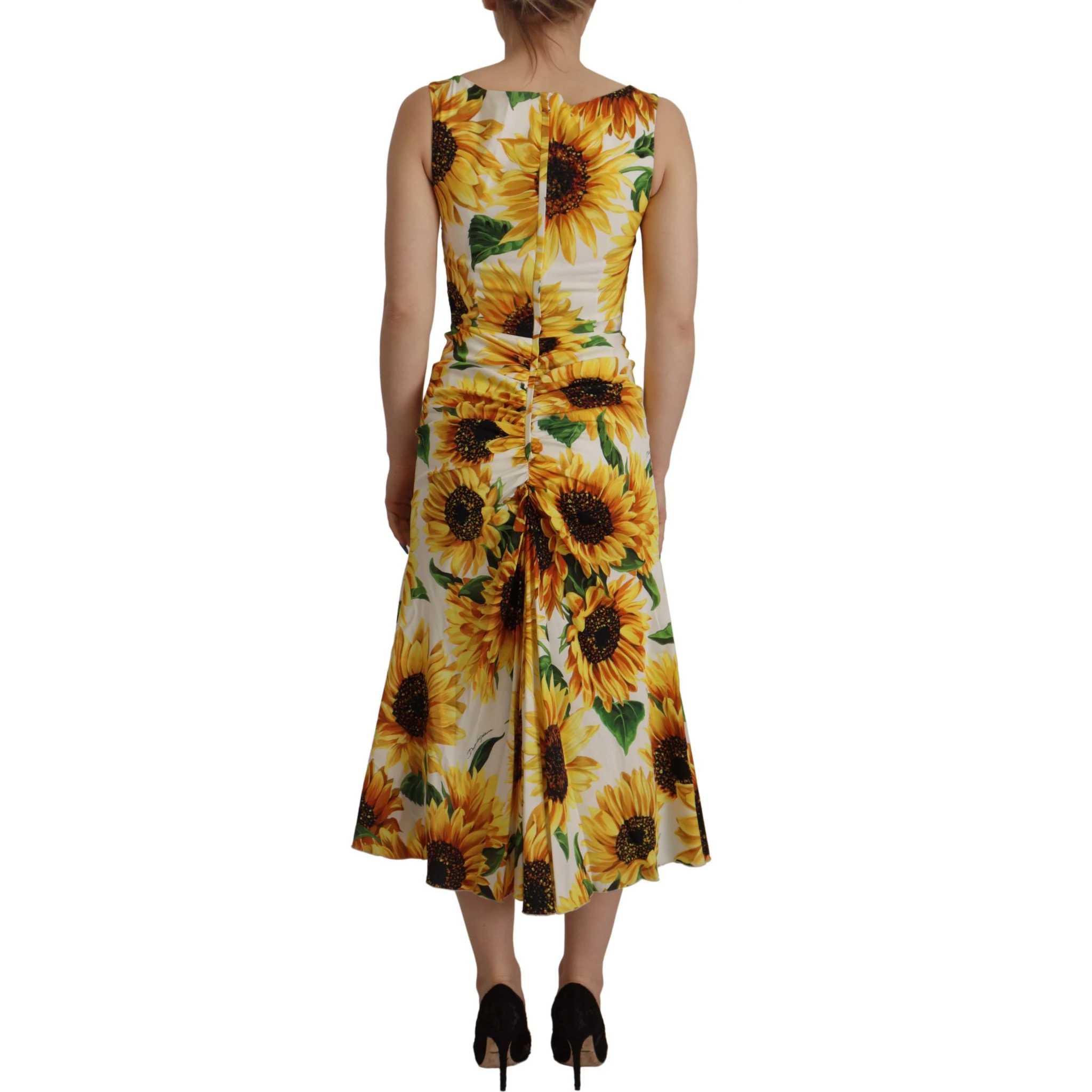 White Sunflower Print Sheath Midi Silk