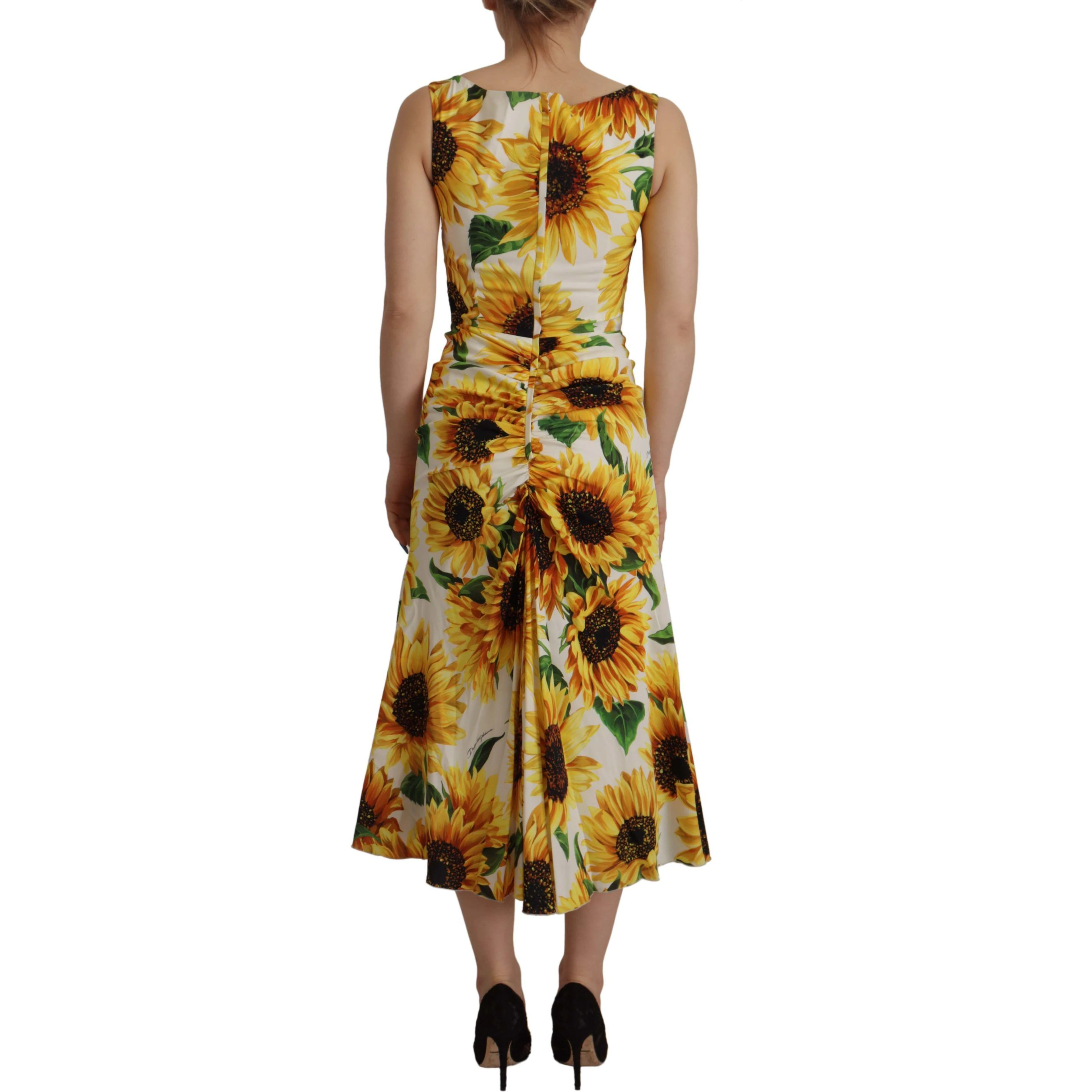 White Sunflower Print Sheath Midi Silk