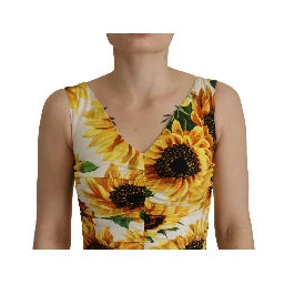 White Sunflower Print Sheath Midi Silk