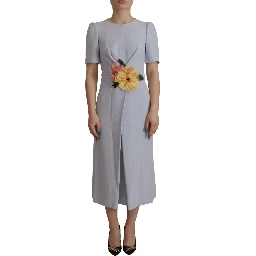 Blue Floral Applique Midi Viscose Dress
