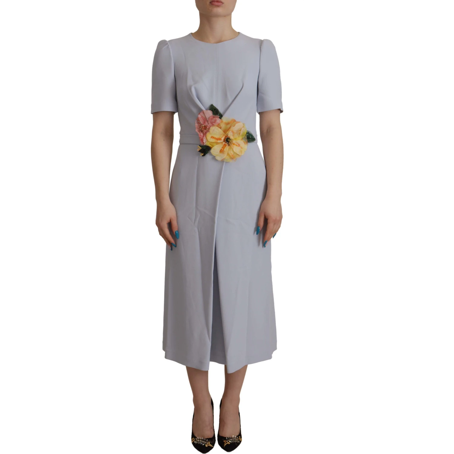 Blue Floral Applique Midi Viscose Dress