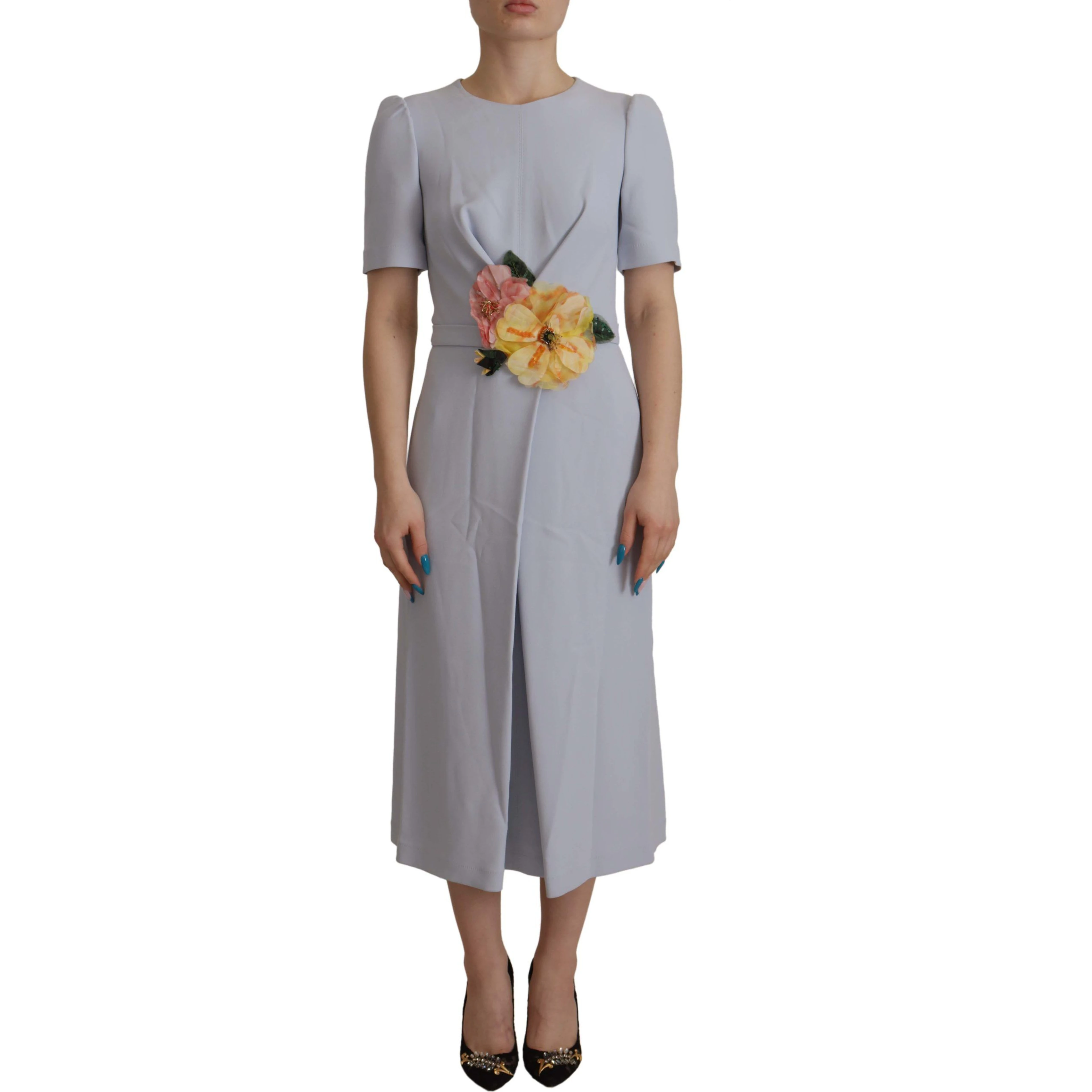 Blue Floral Applique Midi Viscose Dress