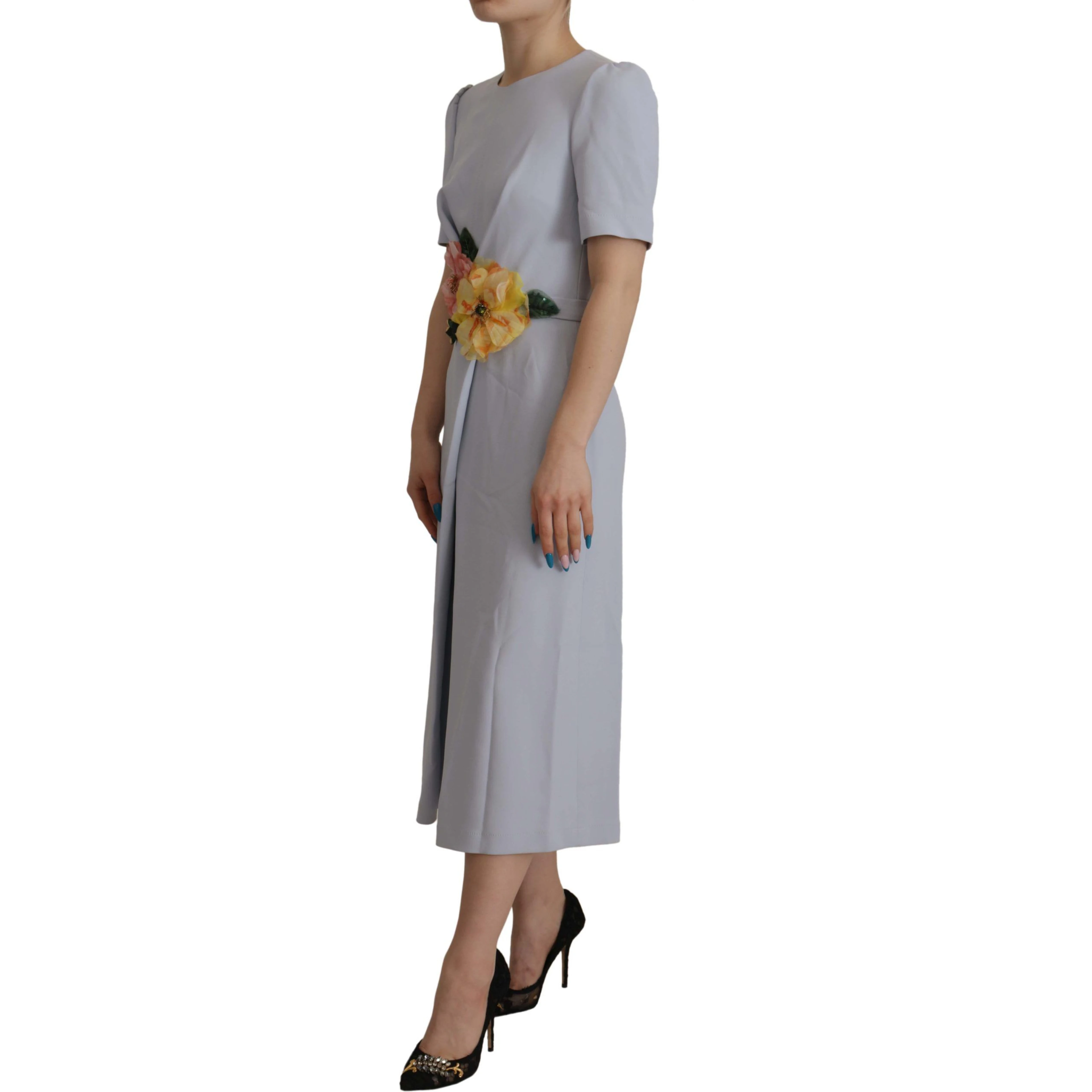 Blue Floral Applique Midi Viscose Dress