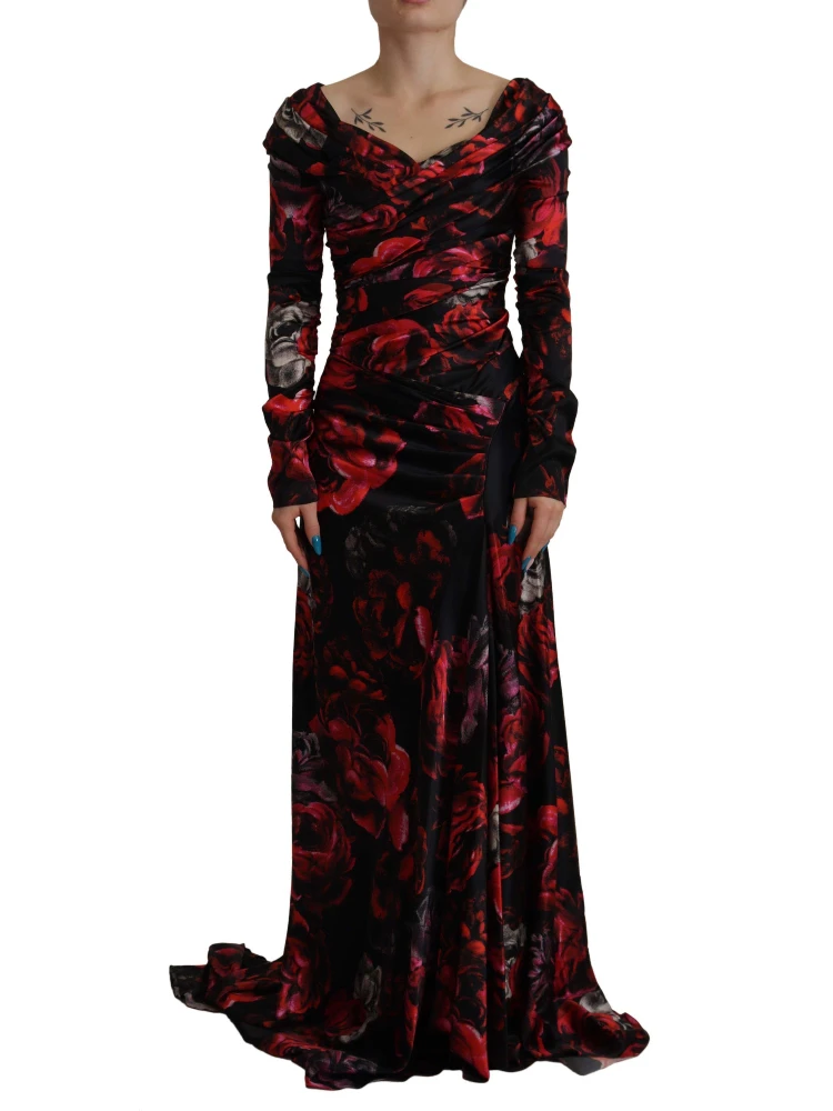 Black Floral Roses A-Line Sheath Gown Dress