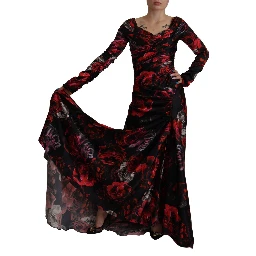 Black Floral Roses A-Line Sheath Gown Dress