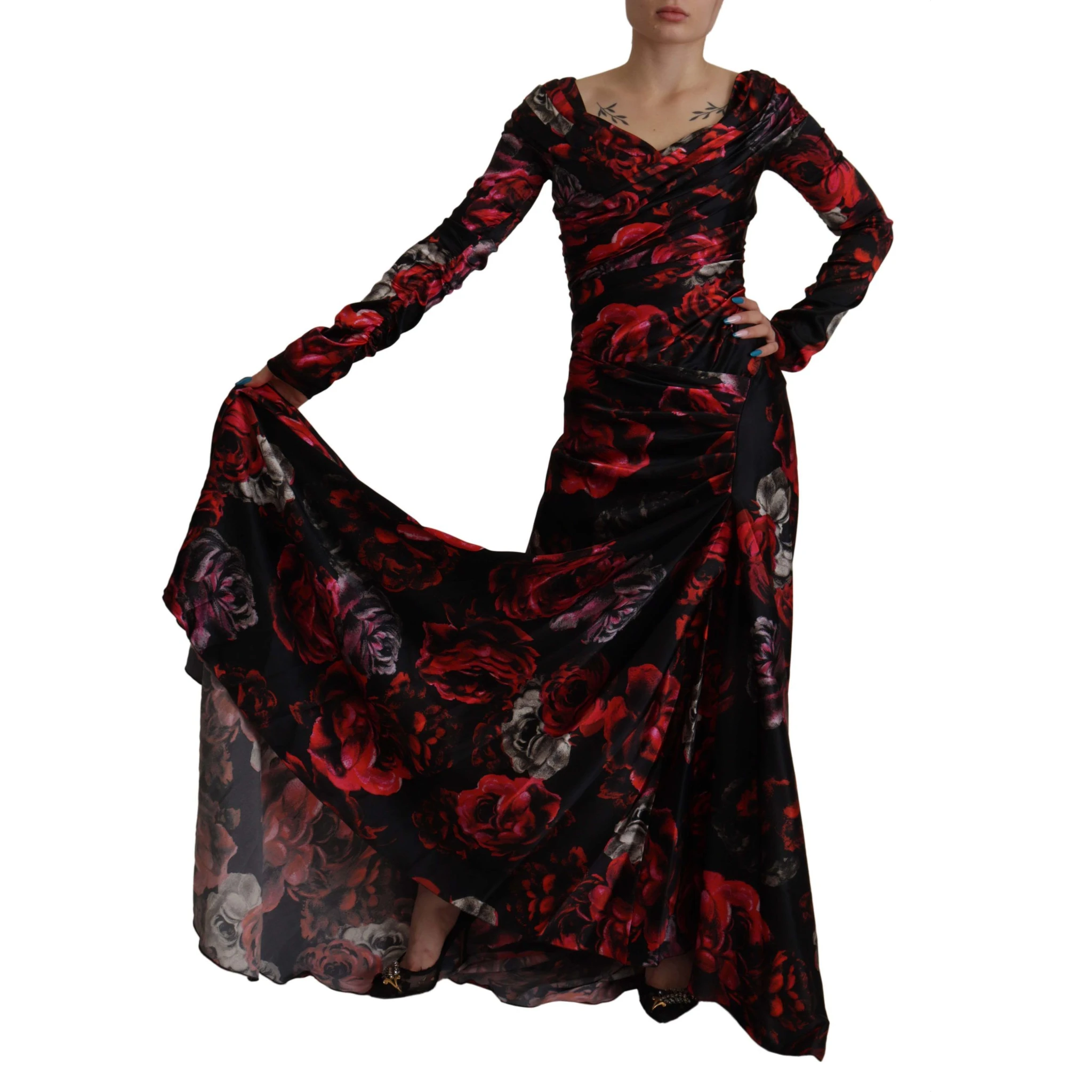 Black Floral Roses A-Line Sheath Gown Dress