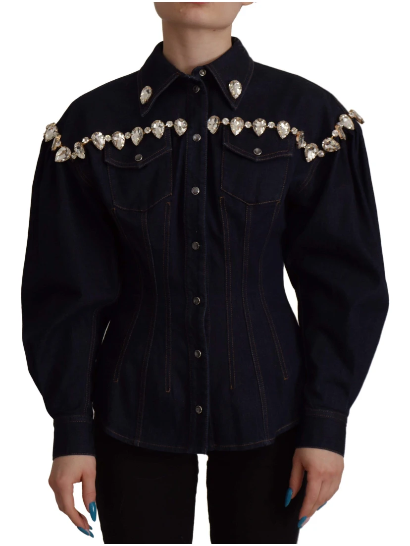 Blue Denim Crystal Embellish Cotton Jacket