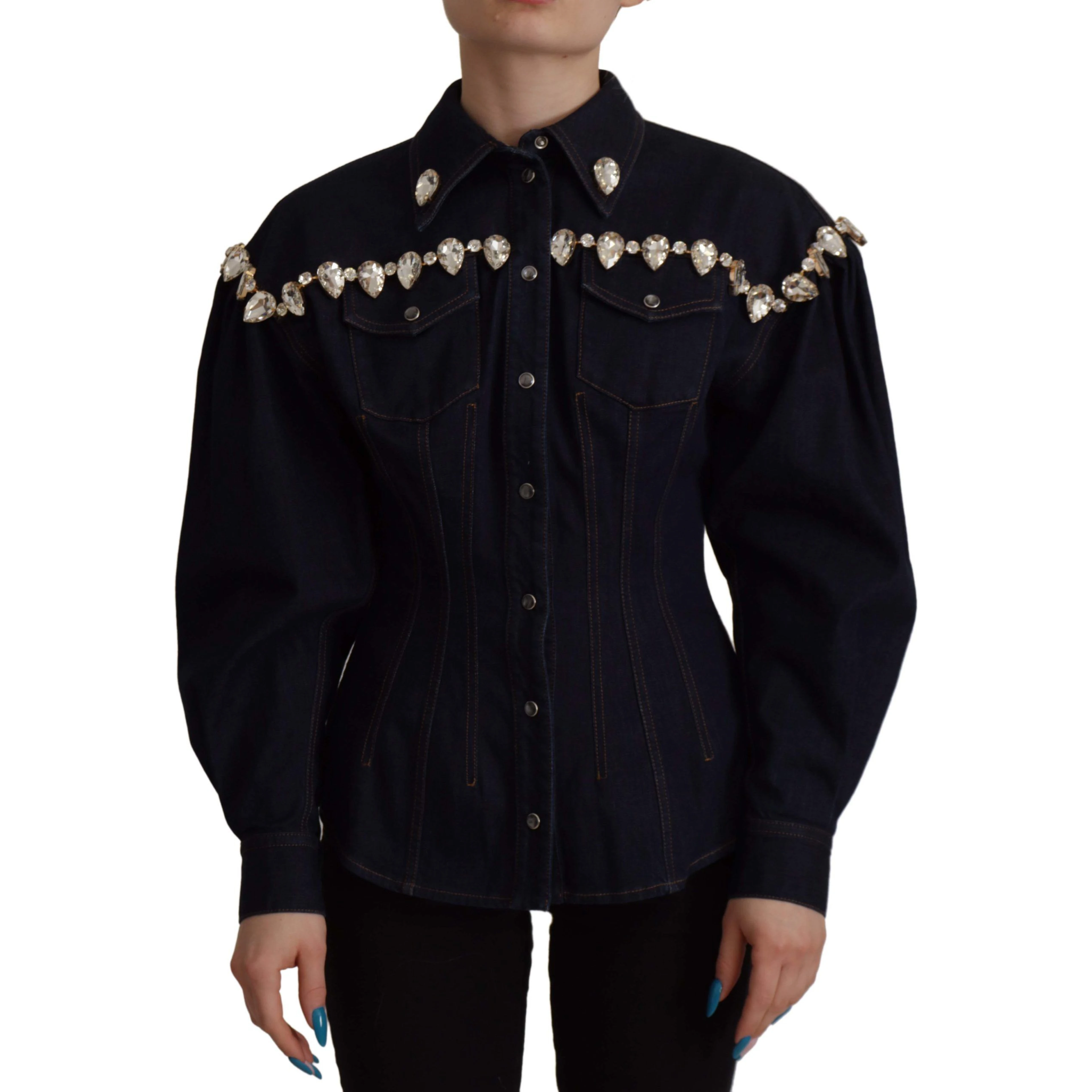 Blue Denim Crystal Embellish Cotton Jacket