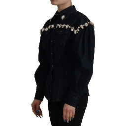 Blue Denim Crystal Embellish Cotton Jacket