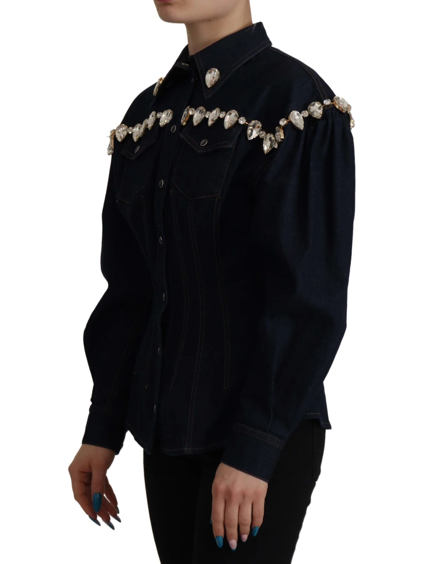 Blue Denim Crystal Embellish Cotton Jacket
