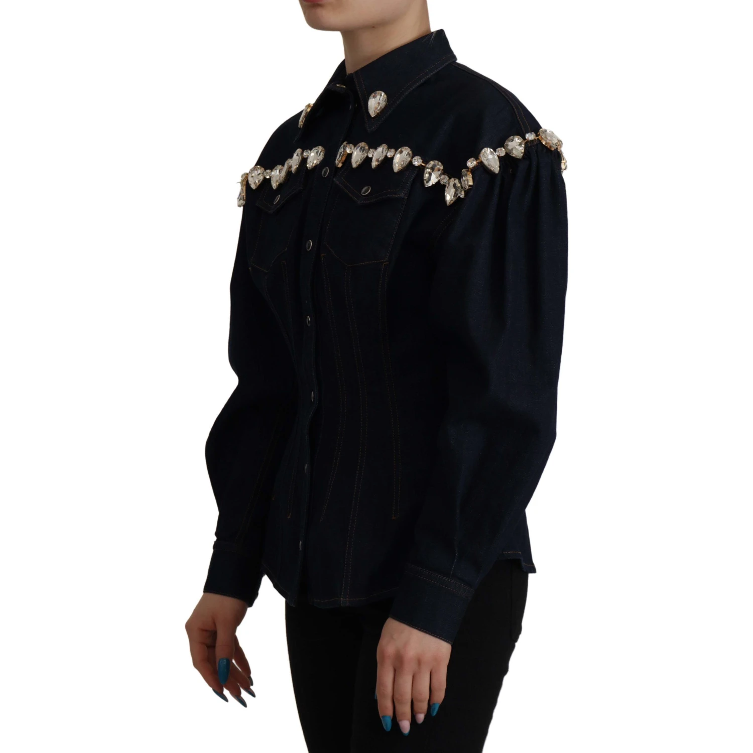 Blue Denim Crystal Embellish Cotton Jacket