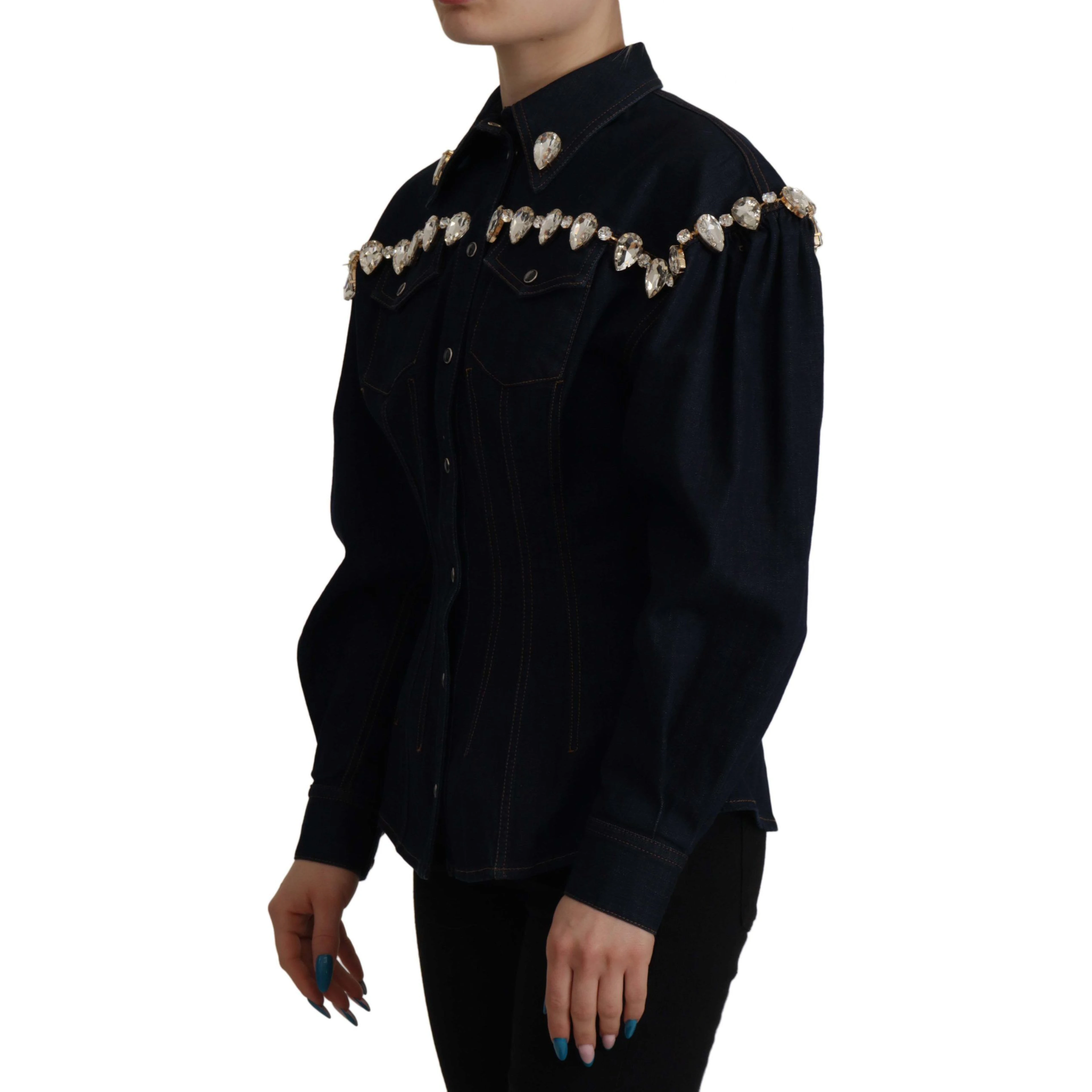 Blue Denim Crystal Embellish Cotton Jacket