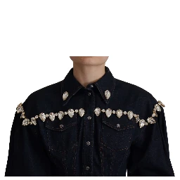 Blue Denim Crystal Embellish Cotton Jacket