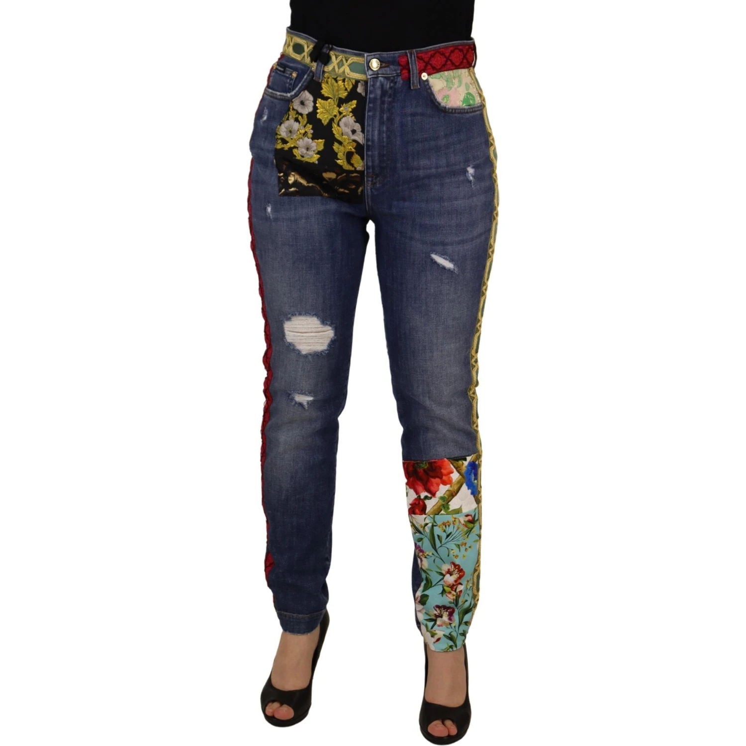 Blue Patchwork High Waist Denim Jeans