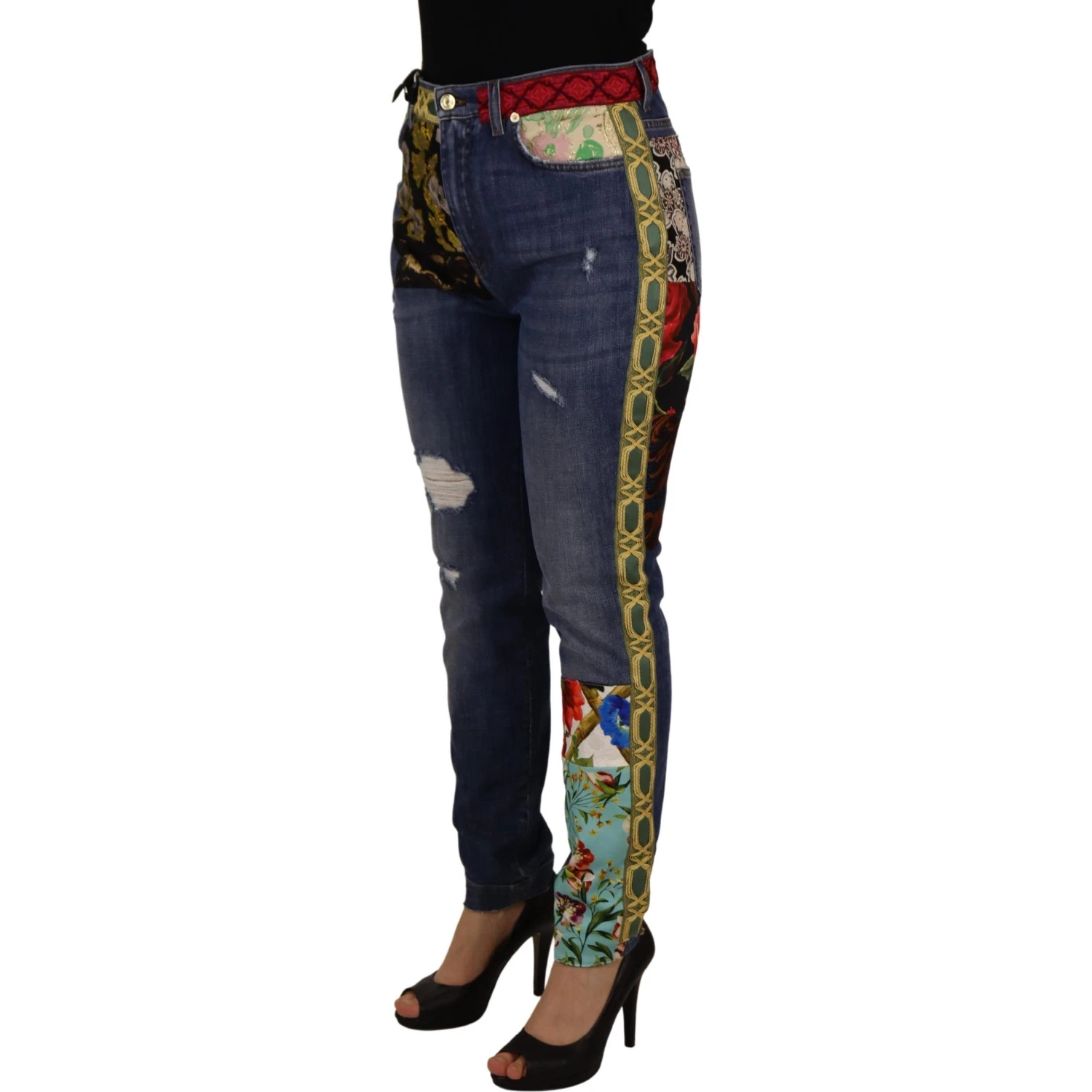 Blue Patchwork High Waist Denim Jeans