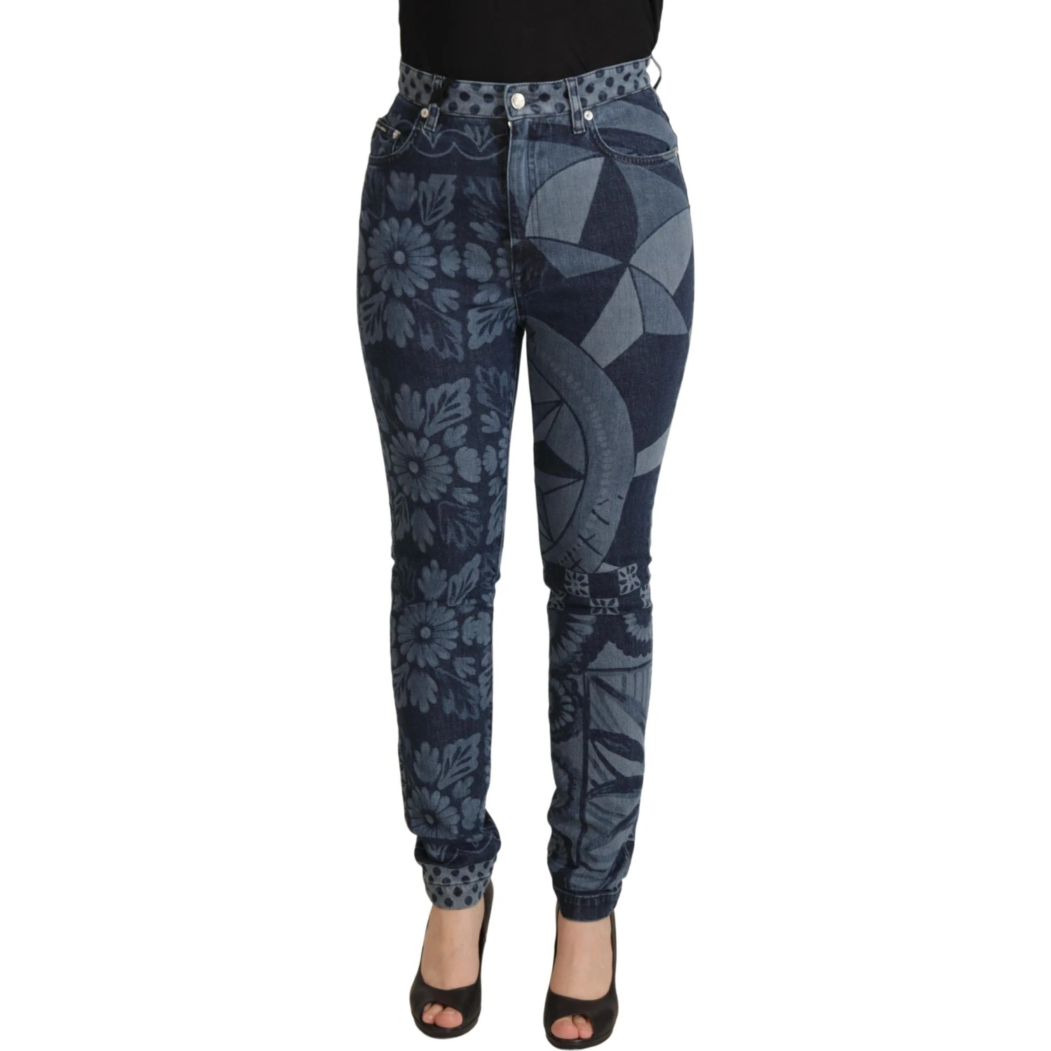 Blue Floral High Waist Skinny Denim Jeans