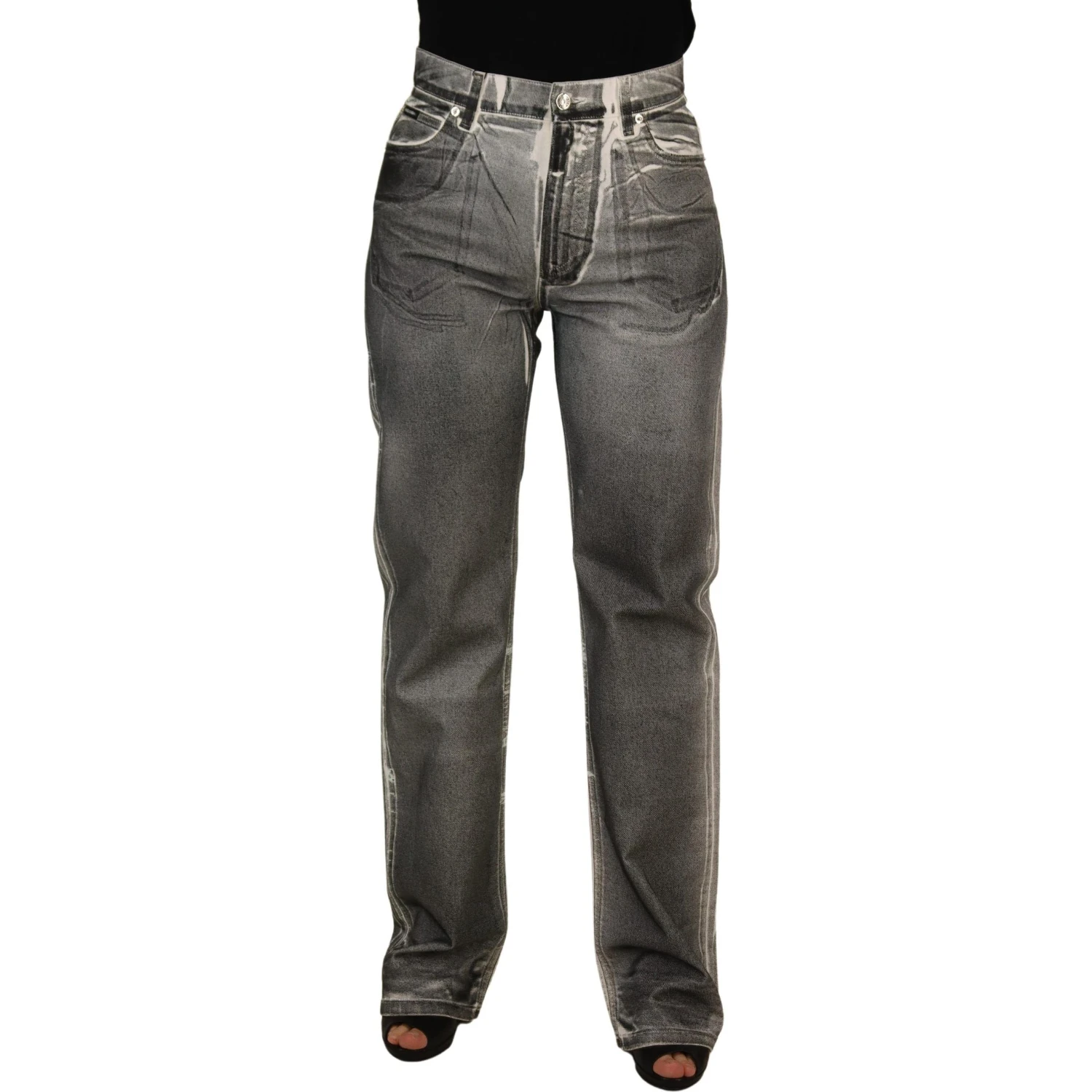 Grey Washed High Waist Denim Pants Cotton Jeans