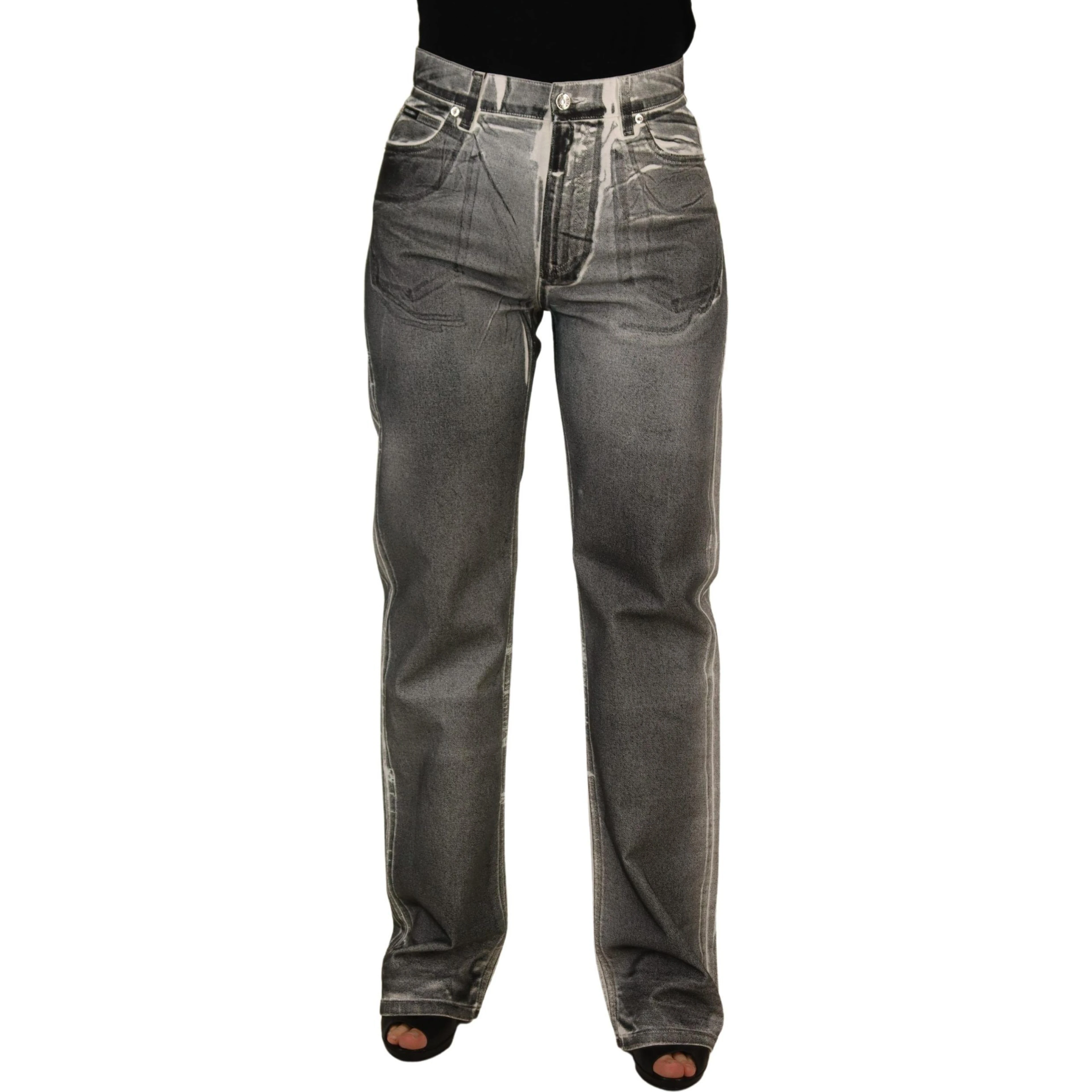 Grey Washed High Waist Denim Pants Cotton Jeans