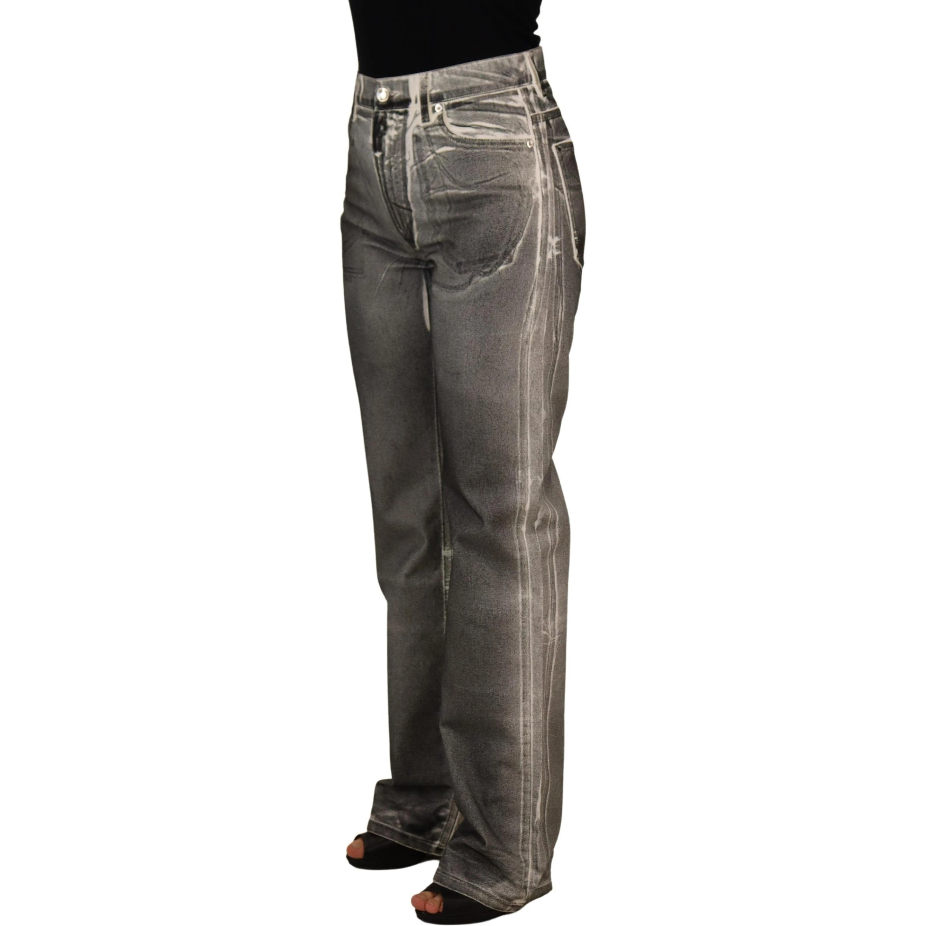 Grey Washed High Waist Denim Pants Cotton Jeans