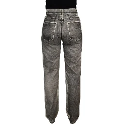 Grey Washed High Waist Denim Pants Cotton Jeans