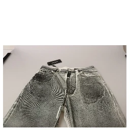Grey Washed High Waist Denim Pants Cotton Jeans