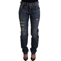Blue Denim Baroque Heart Logo Patch Pants Jeans