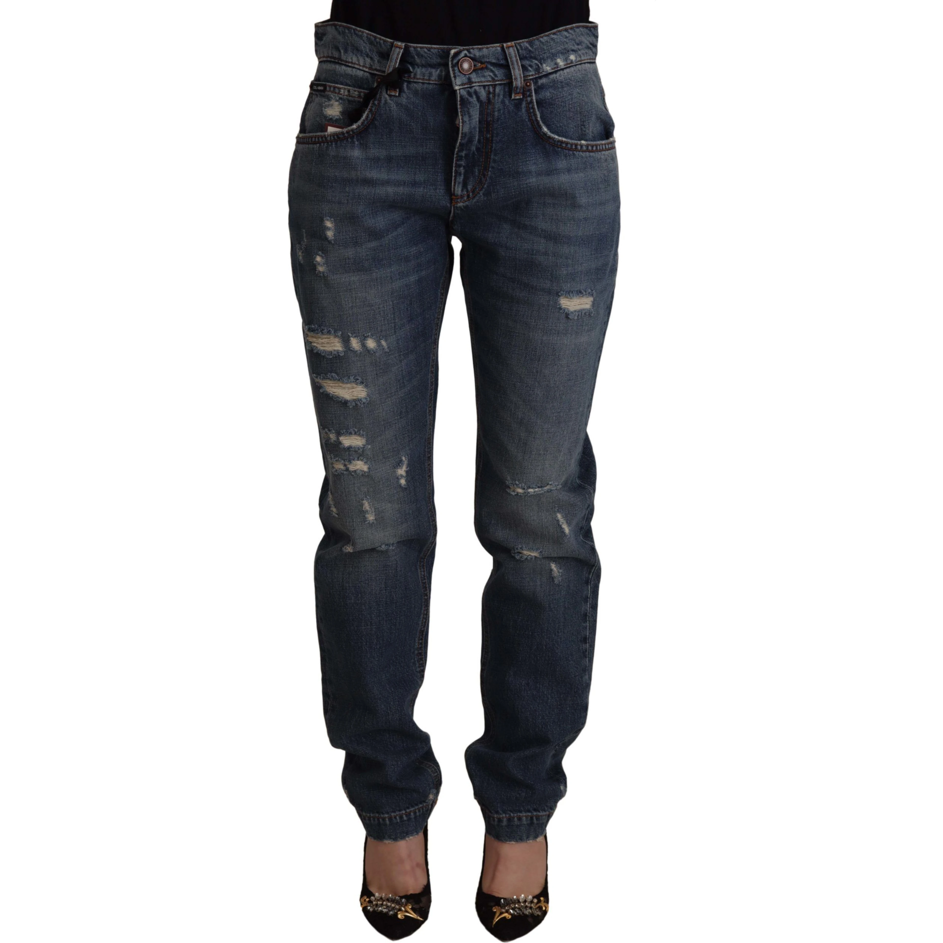 Blue Denim Baroque Heart Logo Patch Pants Jeans