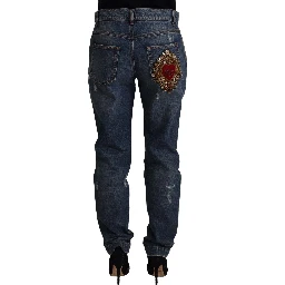 Blue Denim Baroque Heart Logo Patch Pants Jeans