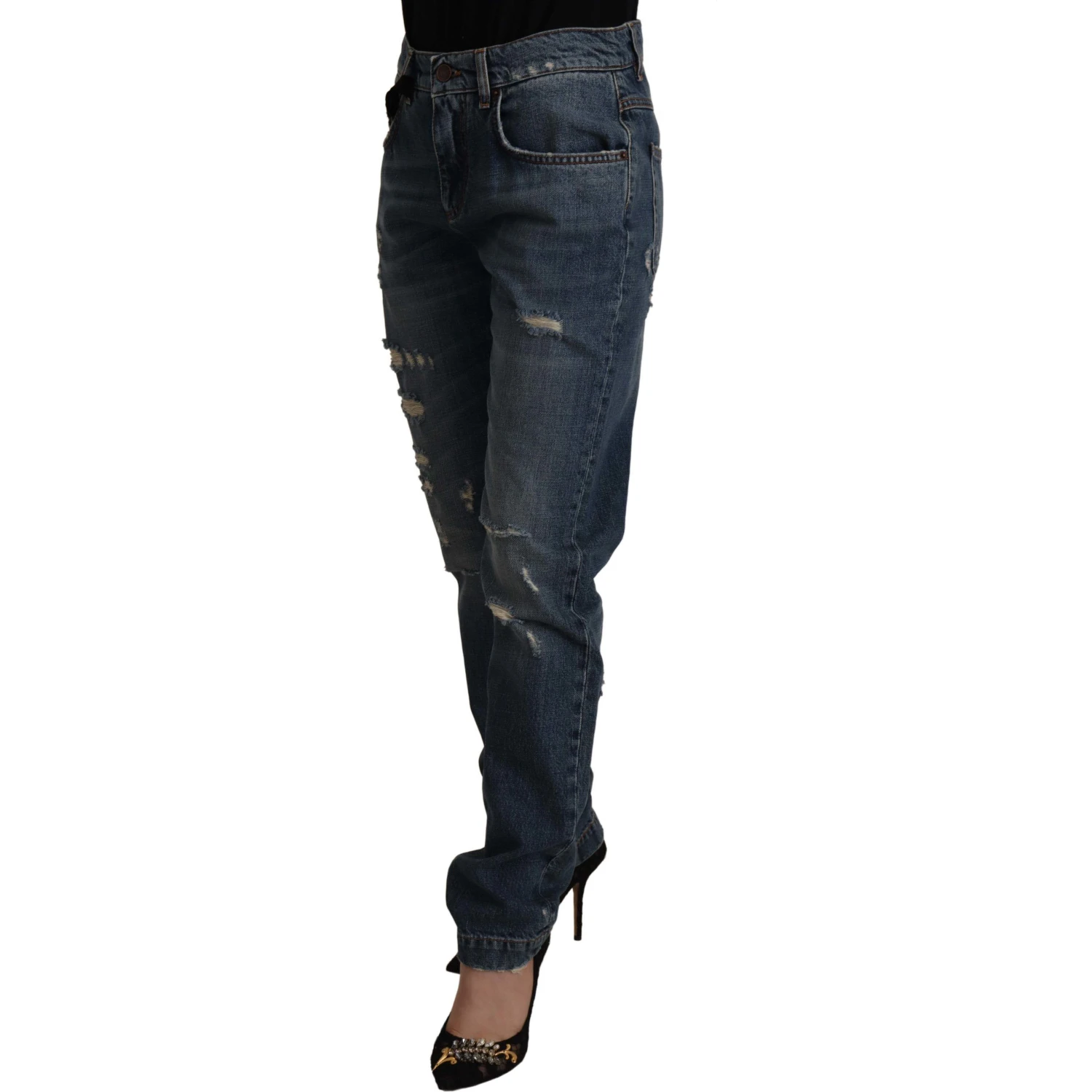 Blue Denim Baroque Heart Logo Patch Pants Jeans