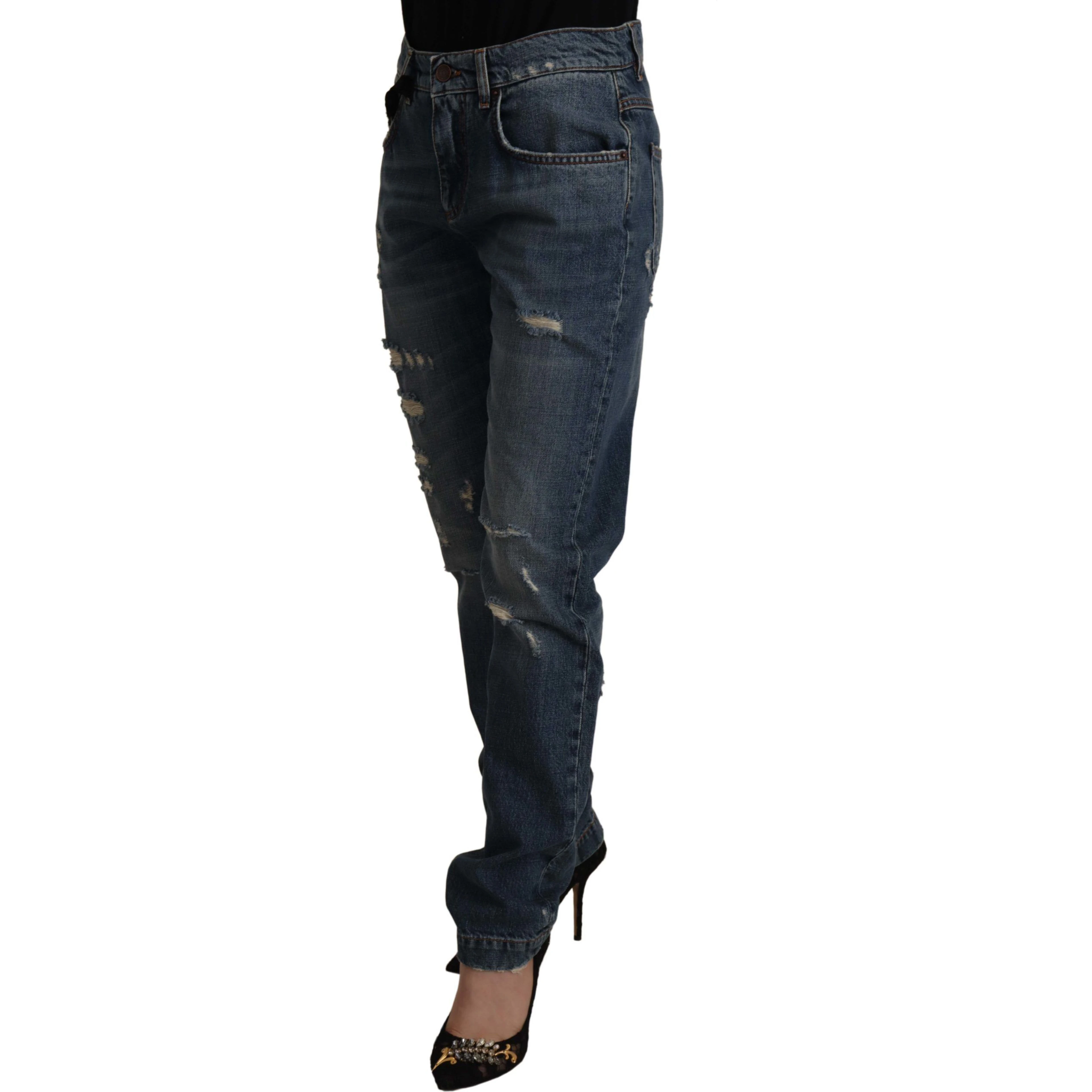 Blue Denim Baroque Heart Logo Patch Pants Jeans