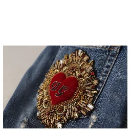 Blue Denim Baroque Heart Logo Patch Pants Jeans