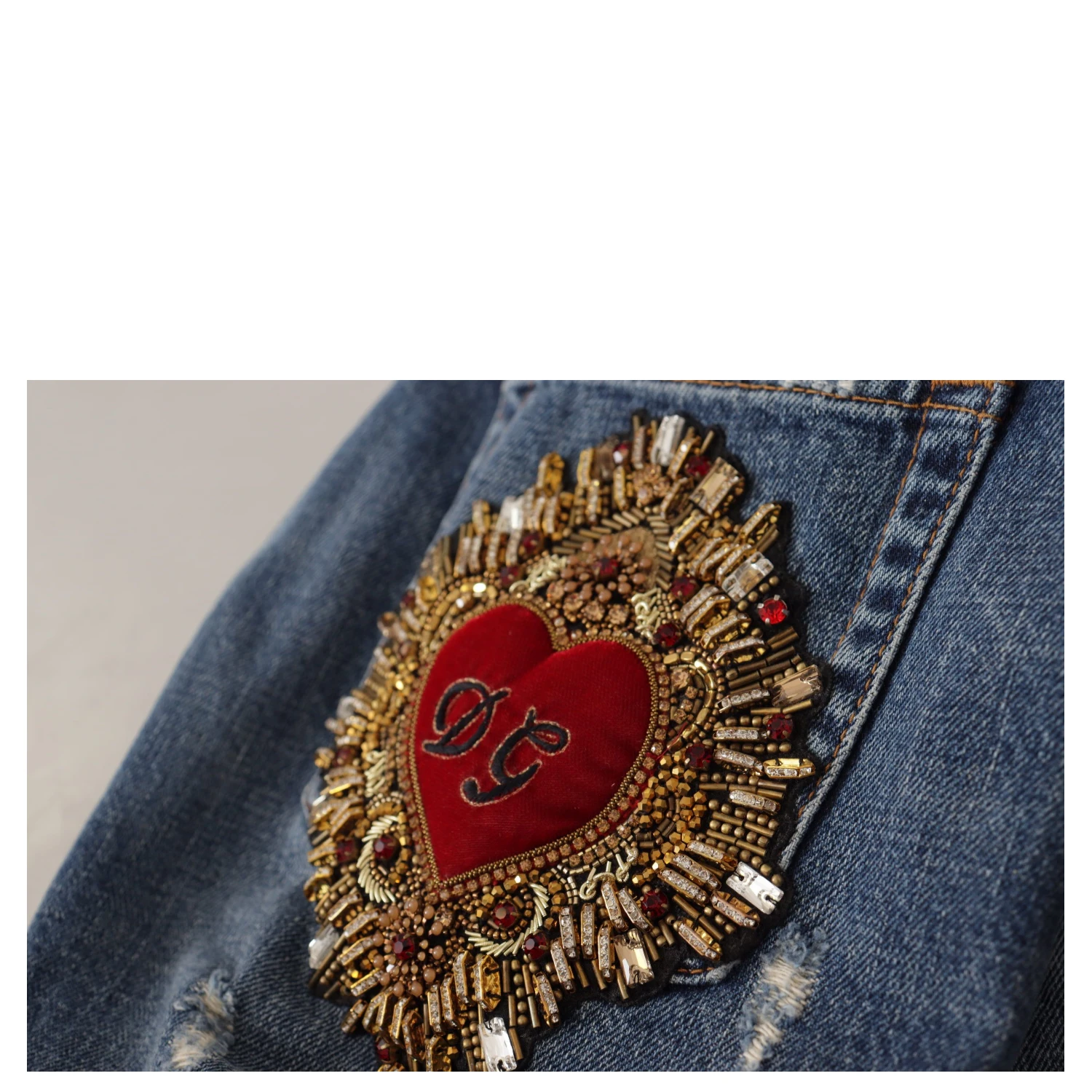 Blue Denim Baroque Heart Logo Patch Pants Jeans