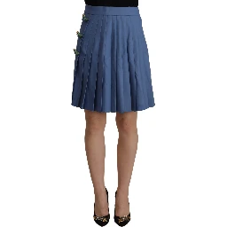 Blue Embellished Pleated Mini Skirt Wool