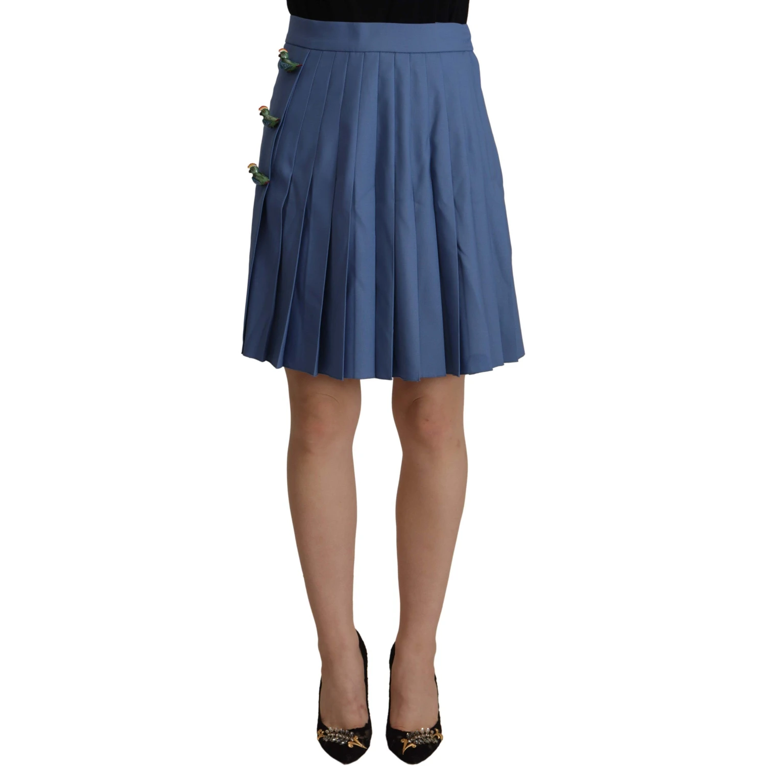Blue Embellished Pleated Mini Skirt Wool