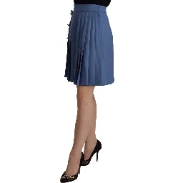 Blue Embellished Pleated Mini Skirt Wool