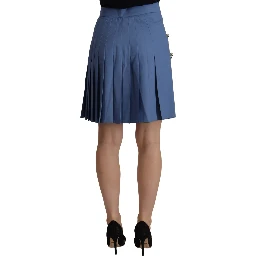 Blue Embellished Pleated Mini Skirt Wool