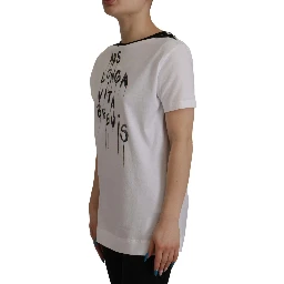 White Slogan Print Round Neck Cotton  T-shirt